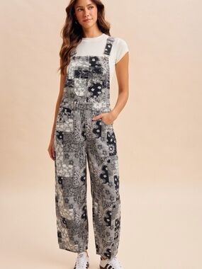 Patchwork Black & White Wide-Leg Jean Overalls